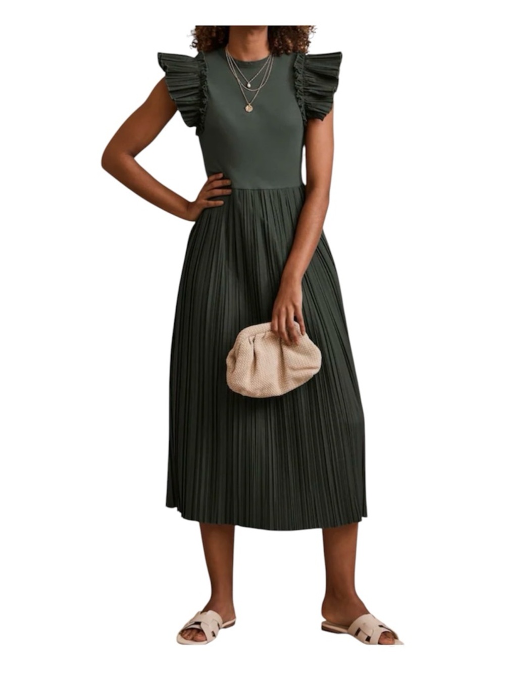 Mint Velvet Jersey Crinkle Midi Dress with Ruffle Sleeves Size M Elegant Classic